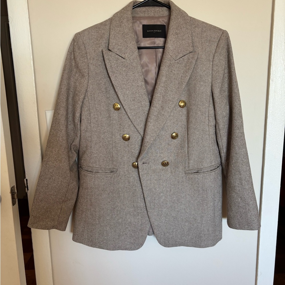 Banana Republic Gray Double-Breasted Blazer with Gold Buttons